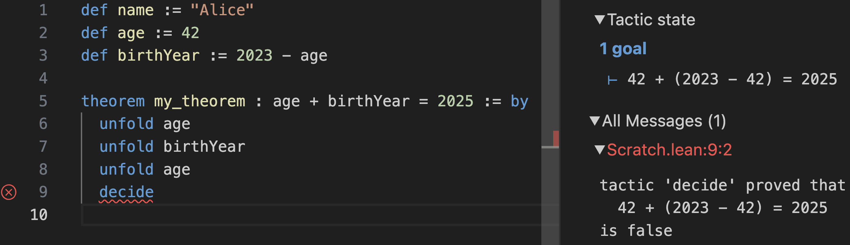 tactic 'decide' proved that 42 + (2023 - 42) is false