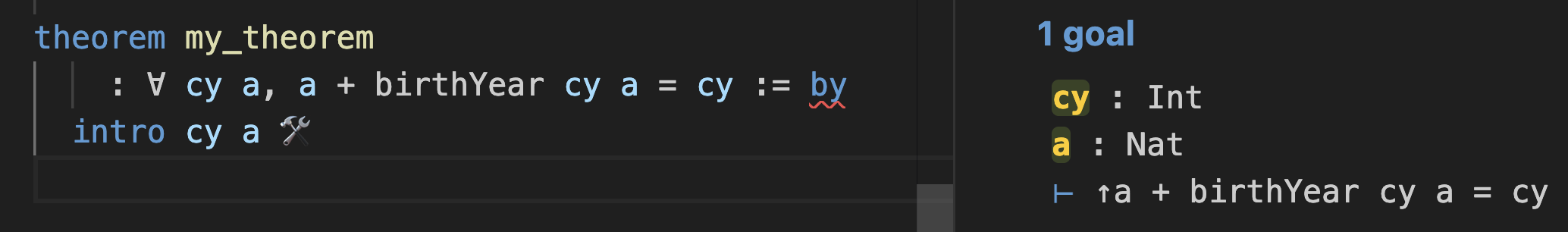 intro cy a brings cy : Int and a : Nat into tactic state